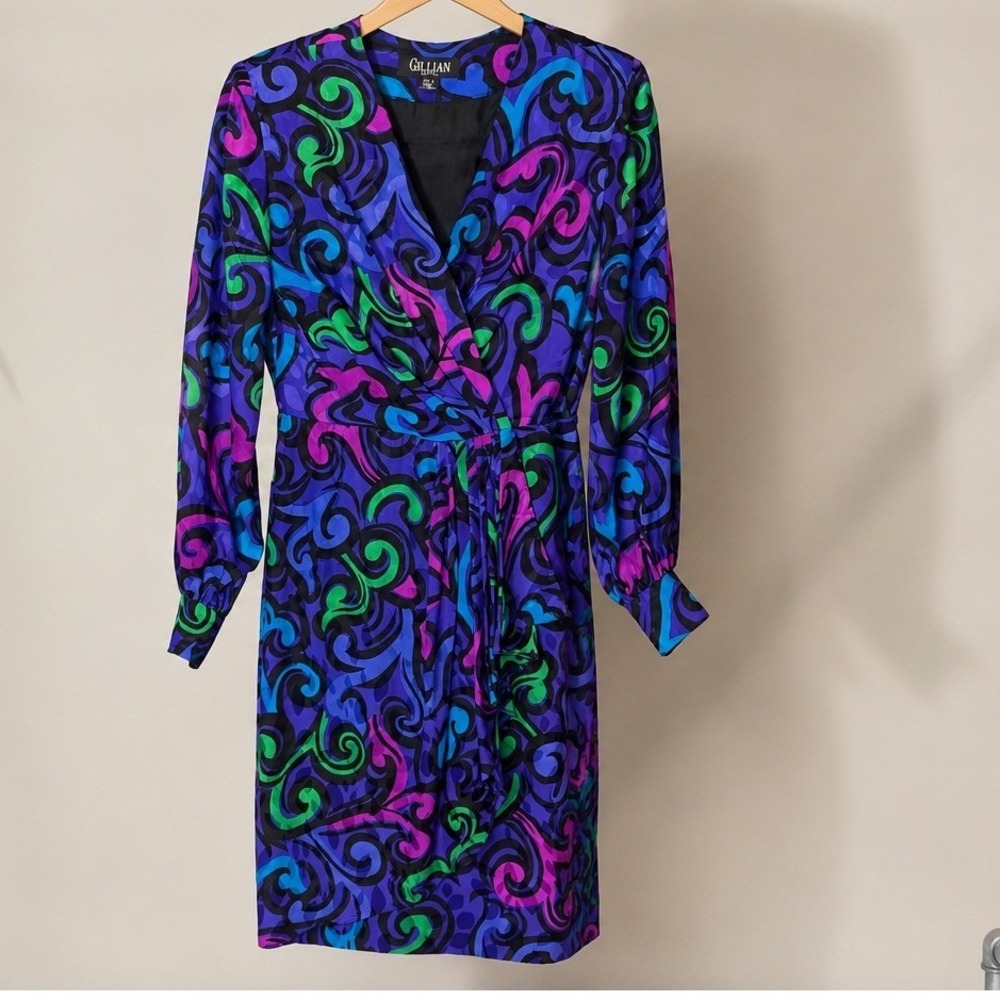 Gillian Petites Vintage 80s Silk Wrap Dress Purple Blue Swirl Print Size 2P